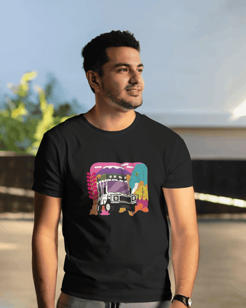 BasicsBold - تي شيرت رجالي أسود مطبوع عليه رسومات Jeep 